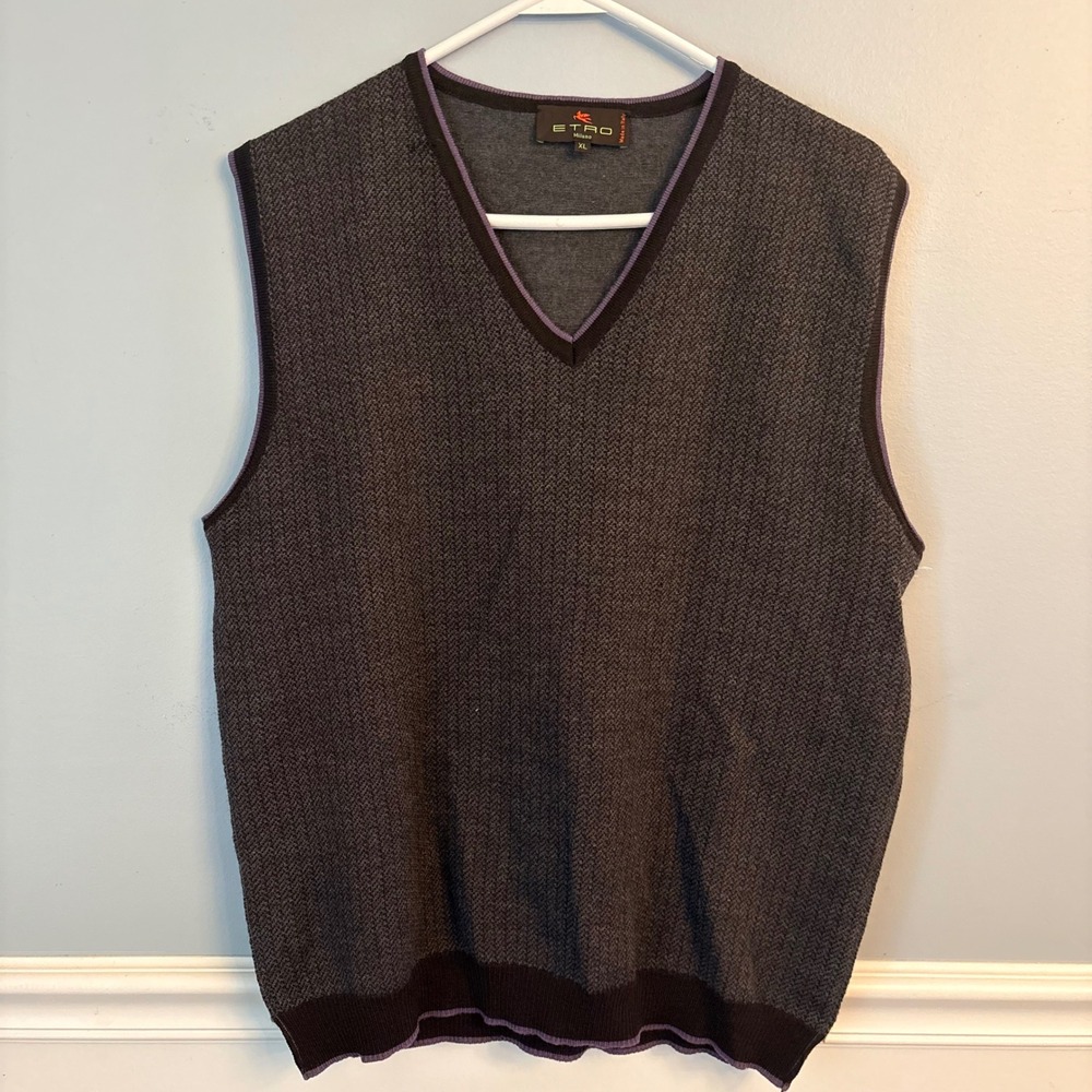 Etro Milano XL Gray Geometric Knit Merino Wool V-Neck Sweater Vest Made in Italy